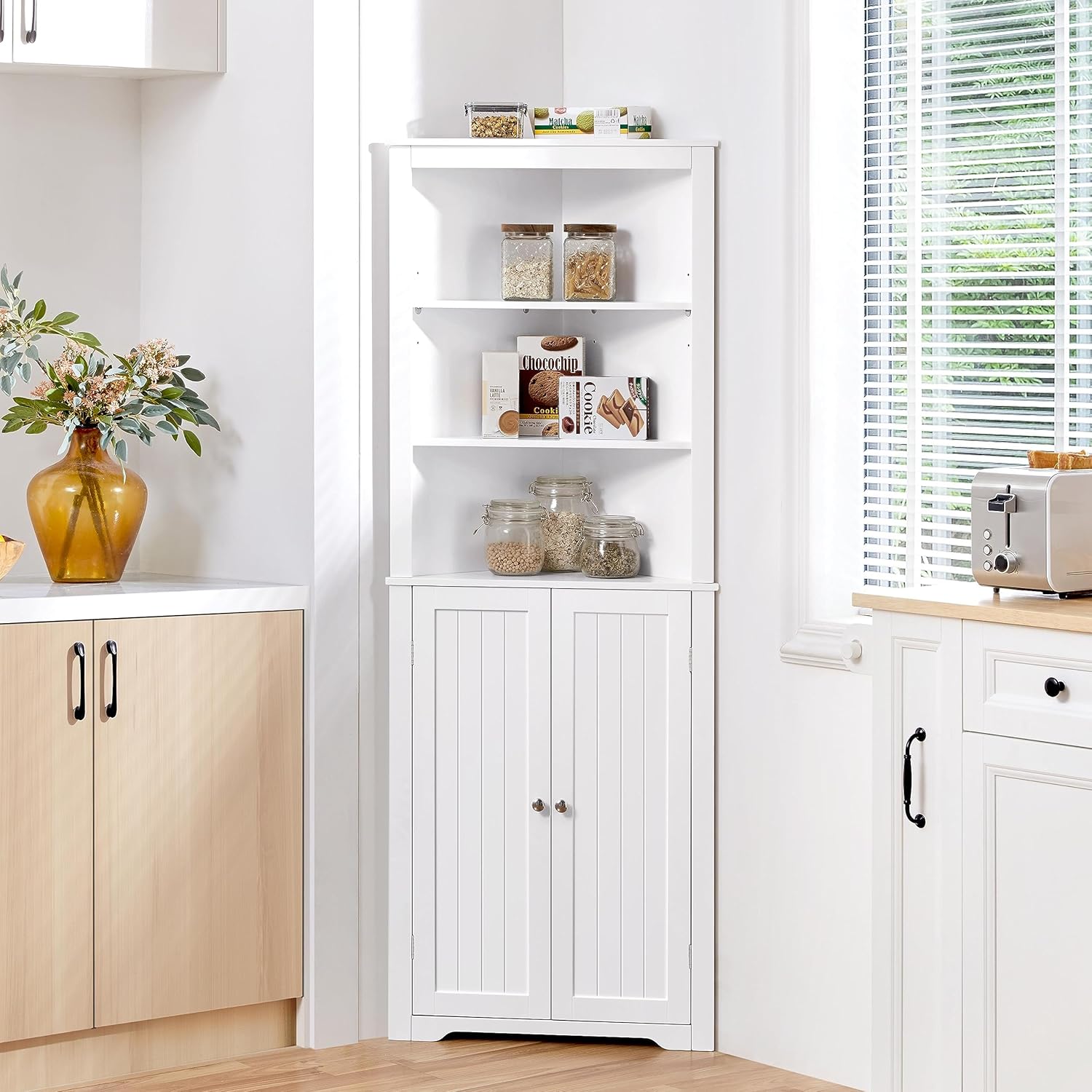 Tall Corner Bathroom Cabinet White Adjustable Shelf Unit
