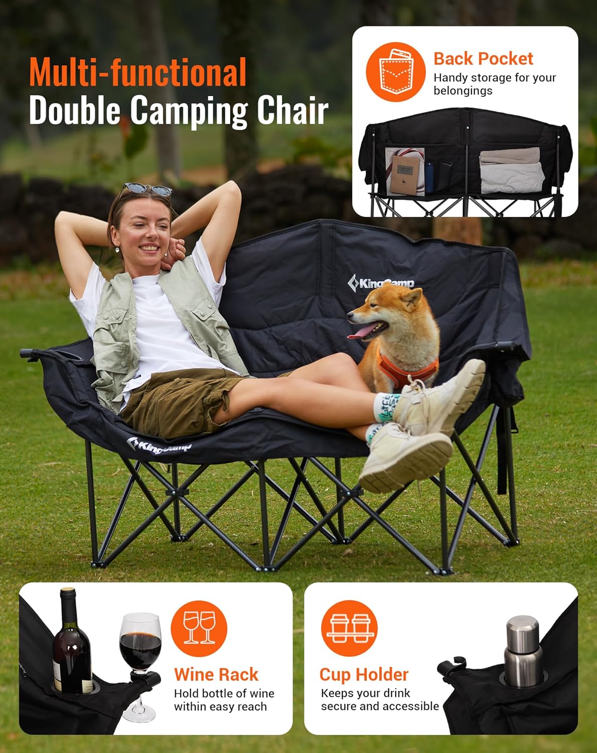 XL 2 Seater Camping Sofa Chair 300KG Black