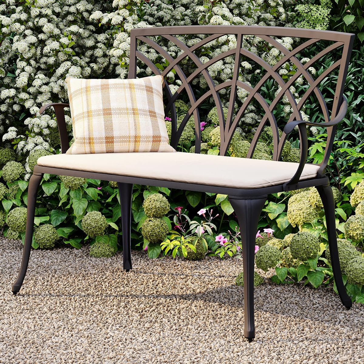 2 Seater Cast Aluminium Garden Bench with Cushion Bronze Patio Seat