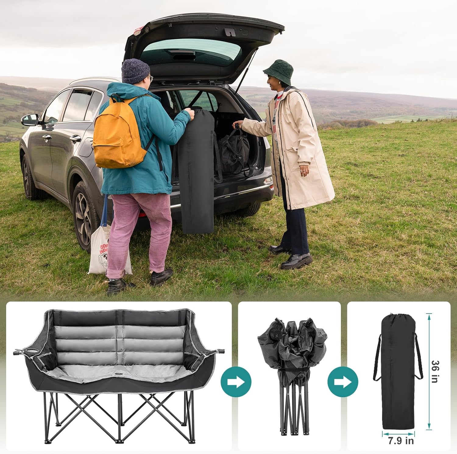 Double Camping Chair for 2 Adults Heavy Duty Folding Seat