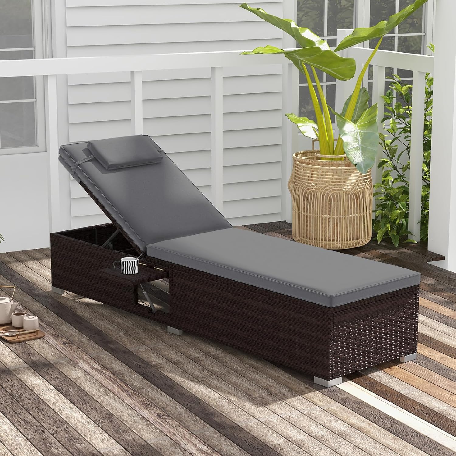Rattan Sun Lounger 6 Level Recliner with Table Grey