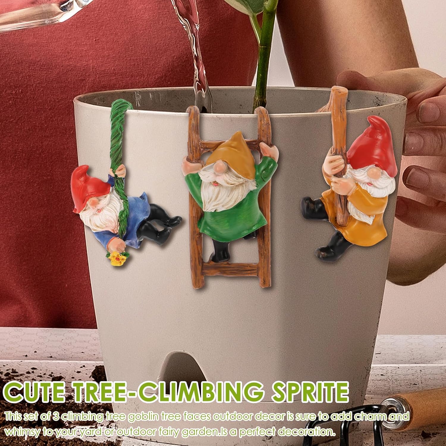 Mini Climbing Garden Gnome Set 3 Resin Flower Pot Hugger Decor