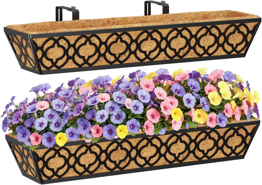 30in Railing Planter Box Set 2 Large Metal Trough Coco Liner