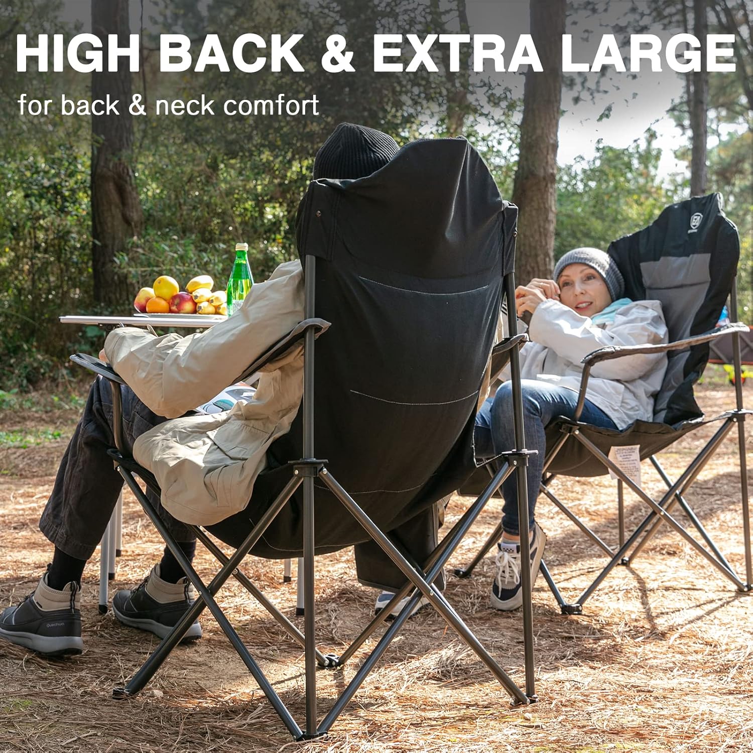 Set of 2 Oversized Camping Chairs High Back Cup Holder Black