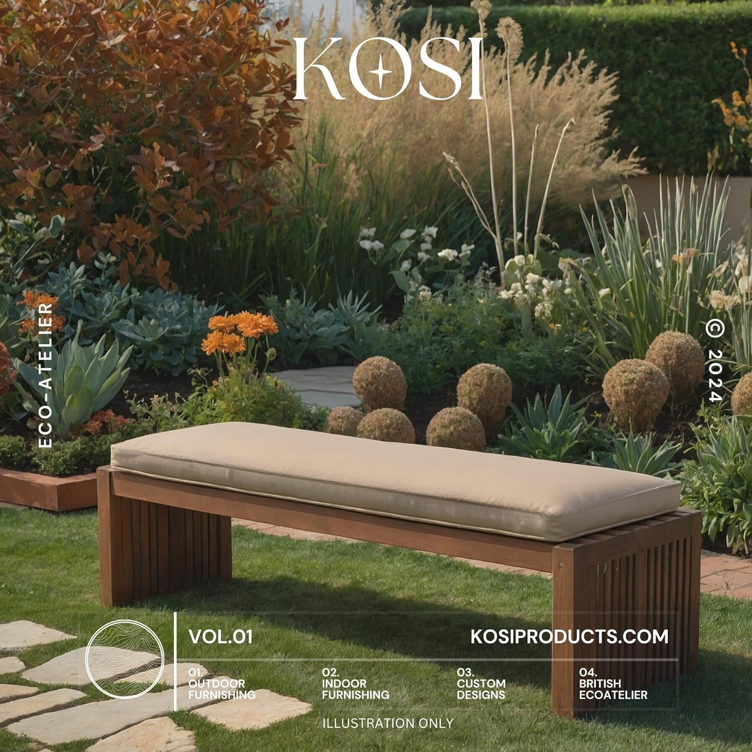 2 Seater Garden Bench Cushion 128x50cm Outdoor Seat Pad Beige