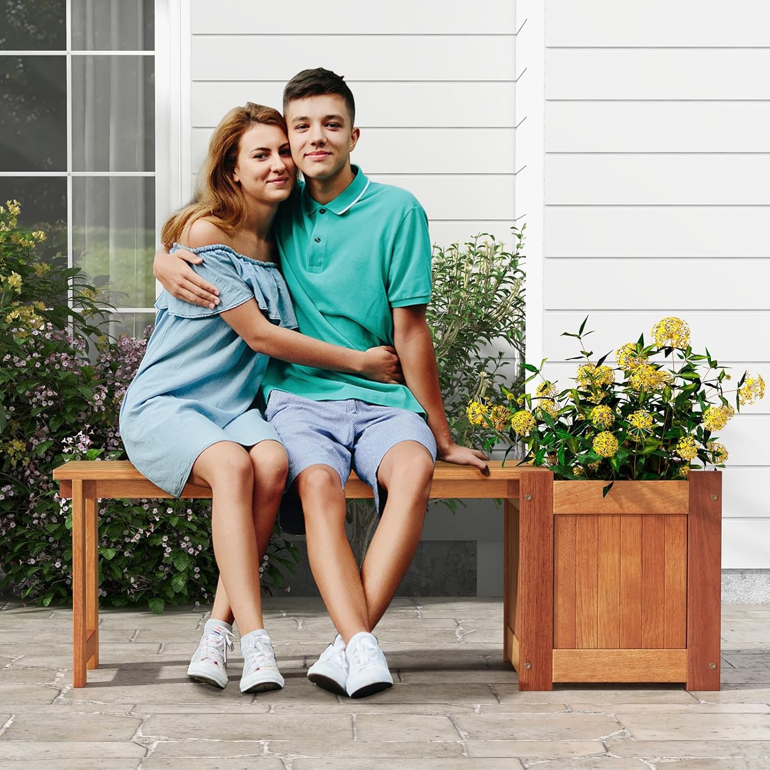 Wooden Planter with Bench 137cm Garden Seat Raised Bed Box