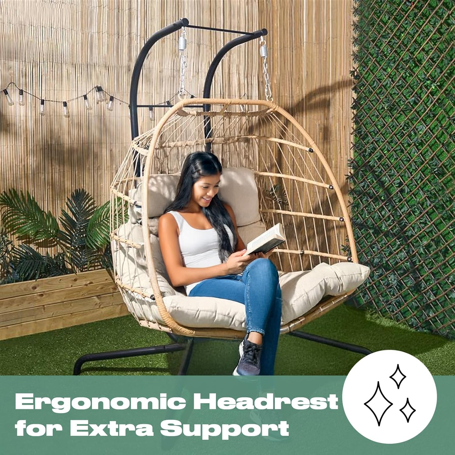 Double Egg Chair Natural Rattan Swing with Stand Cushion