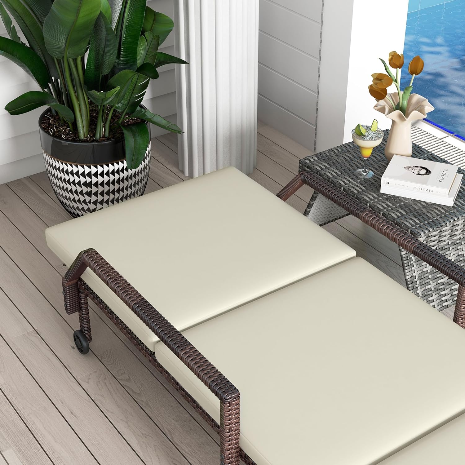PE Rattan Sun Lounger Recliner 5 Position Wheels Cream White