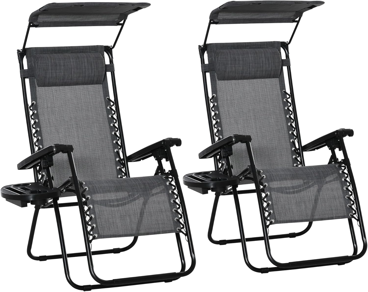2 Foldable Zero Gravity Sun Lounger Chairs with Canopy Grey