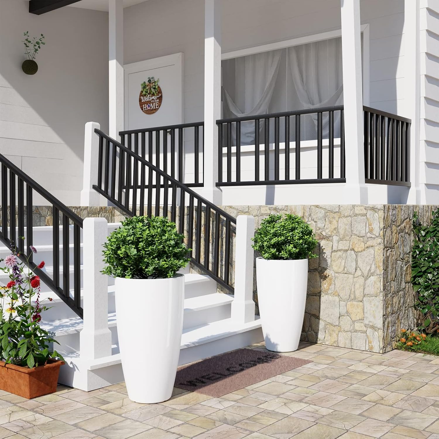 Tall Planters Set of 2 53cm White Plant Pots Indoor Outdoor