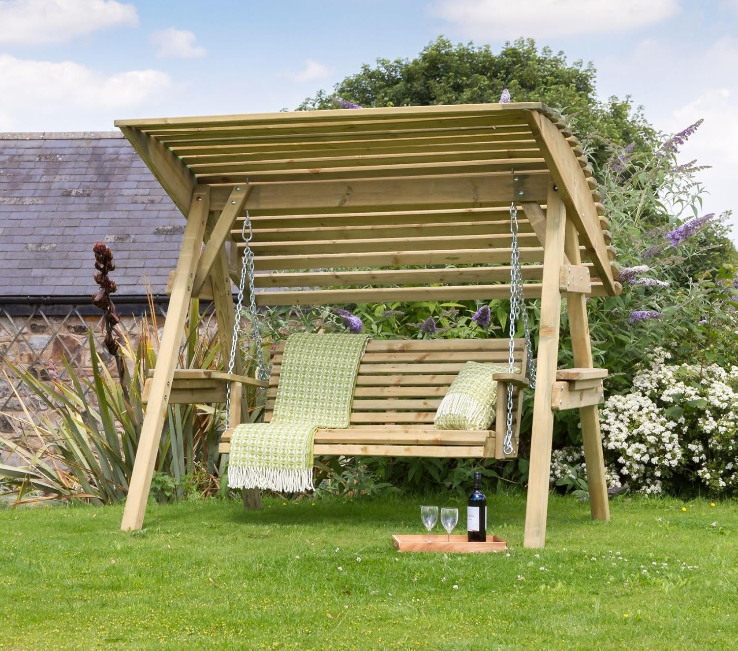 2 Seat Wooden Garden Swing Chair Canopy Bench Lounger