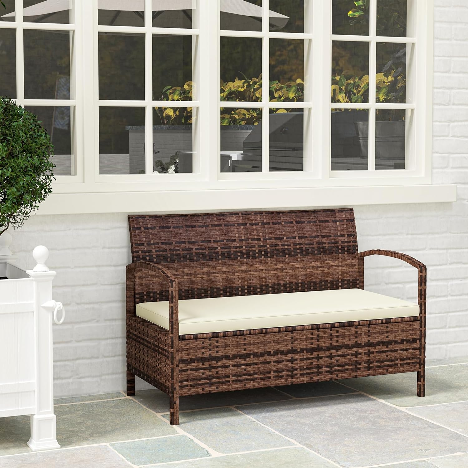 Rattan Garden Storage Bench 2 Seater with Cushion 125L Box
