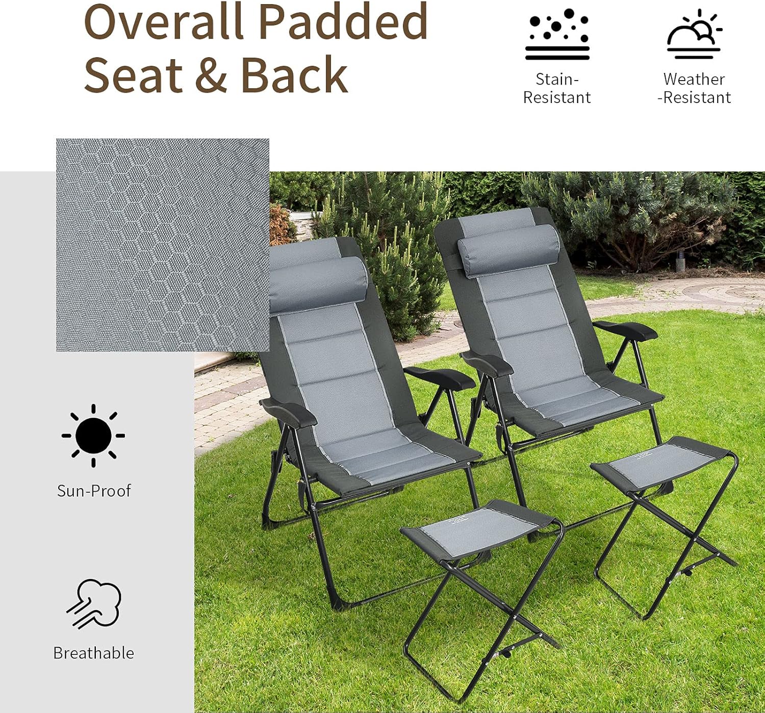 Set of 2 Reclining Camping Chairs with Footrests