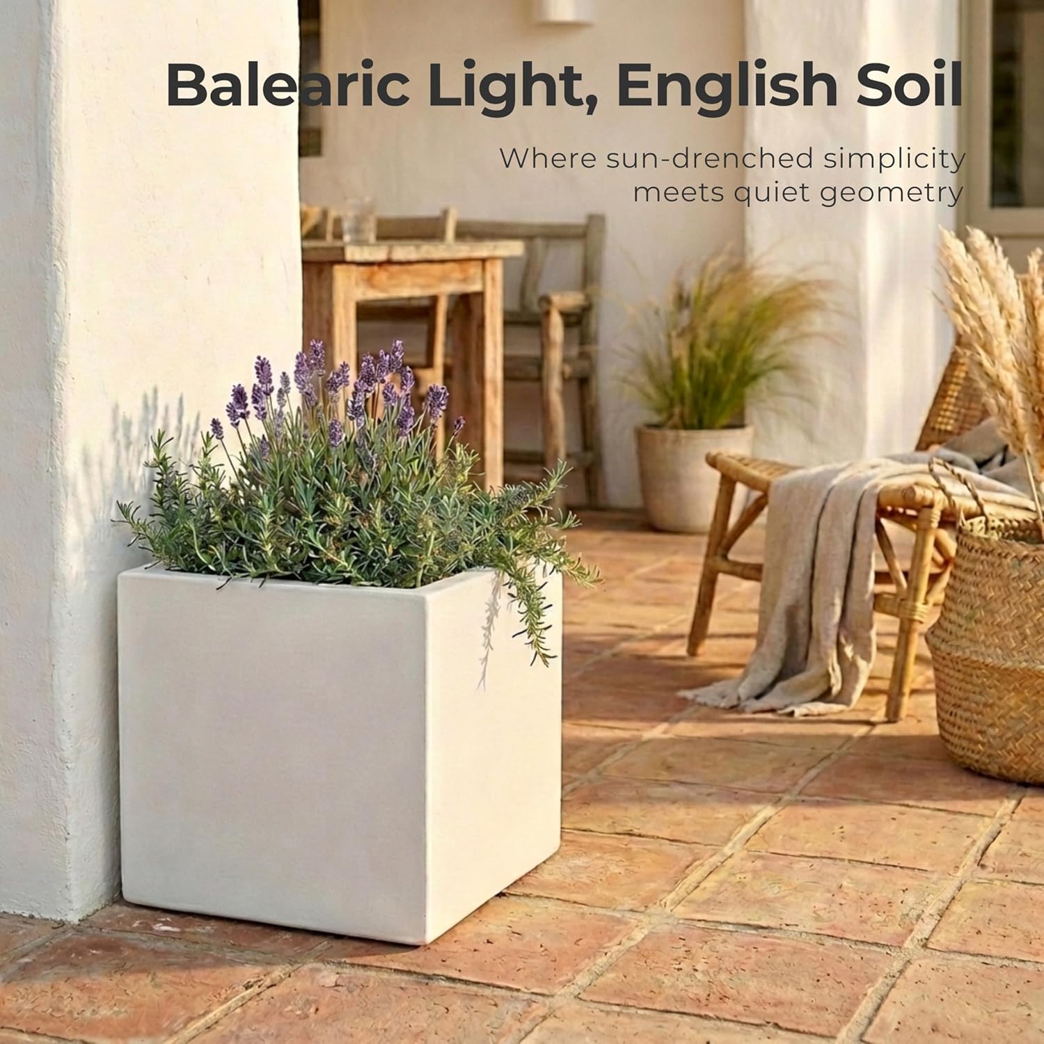 40cm White Square Planter Stone Effect Garden Pot Drainage