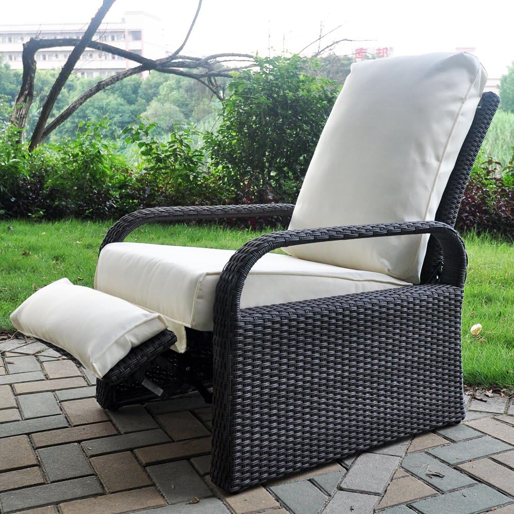 Rattan Garden Recliner Chair Grey Beige Cushion