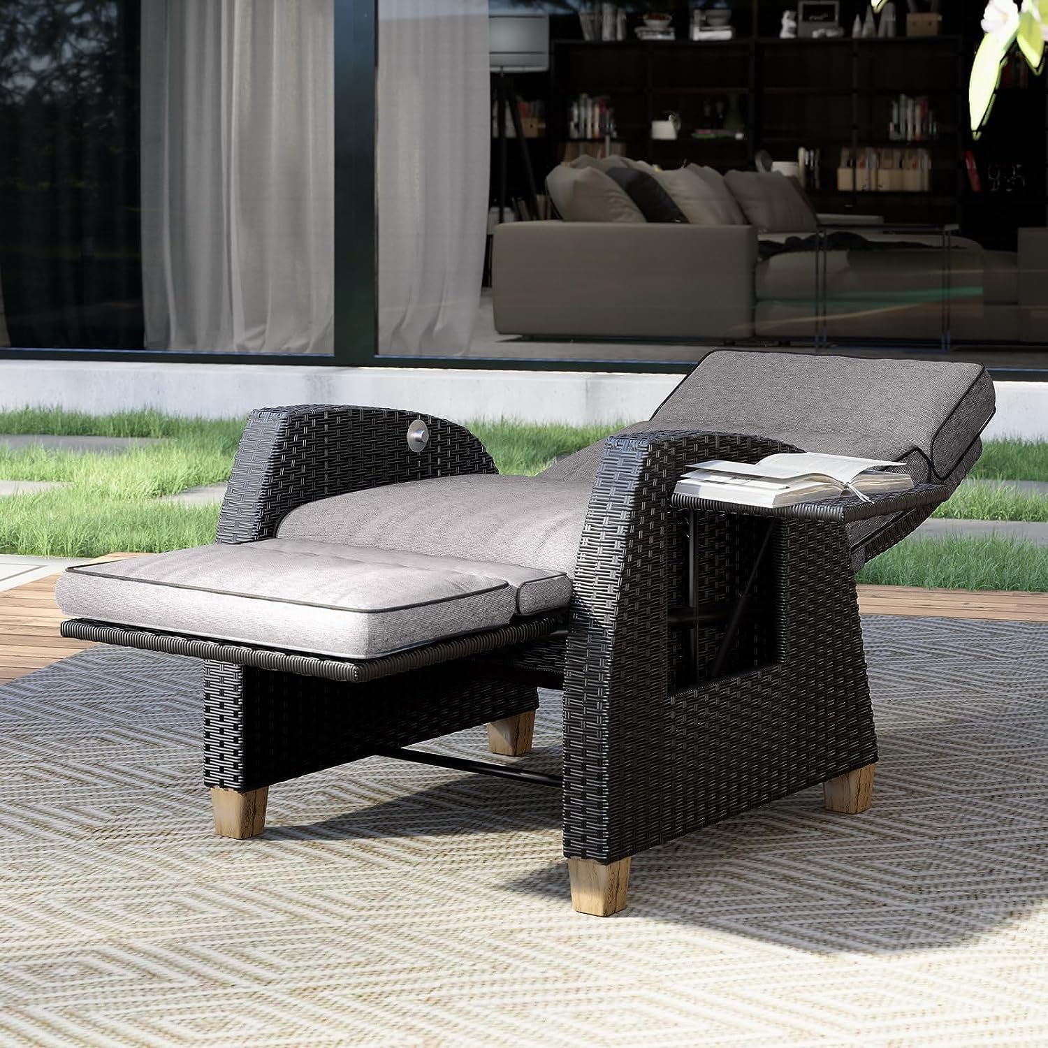 Wicker Recliner Sun Lounger Chair with Flip Table Grey