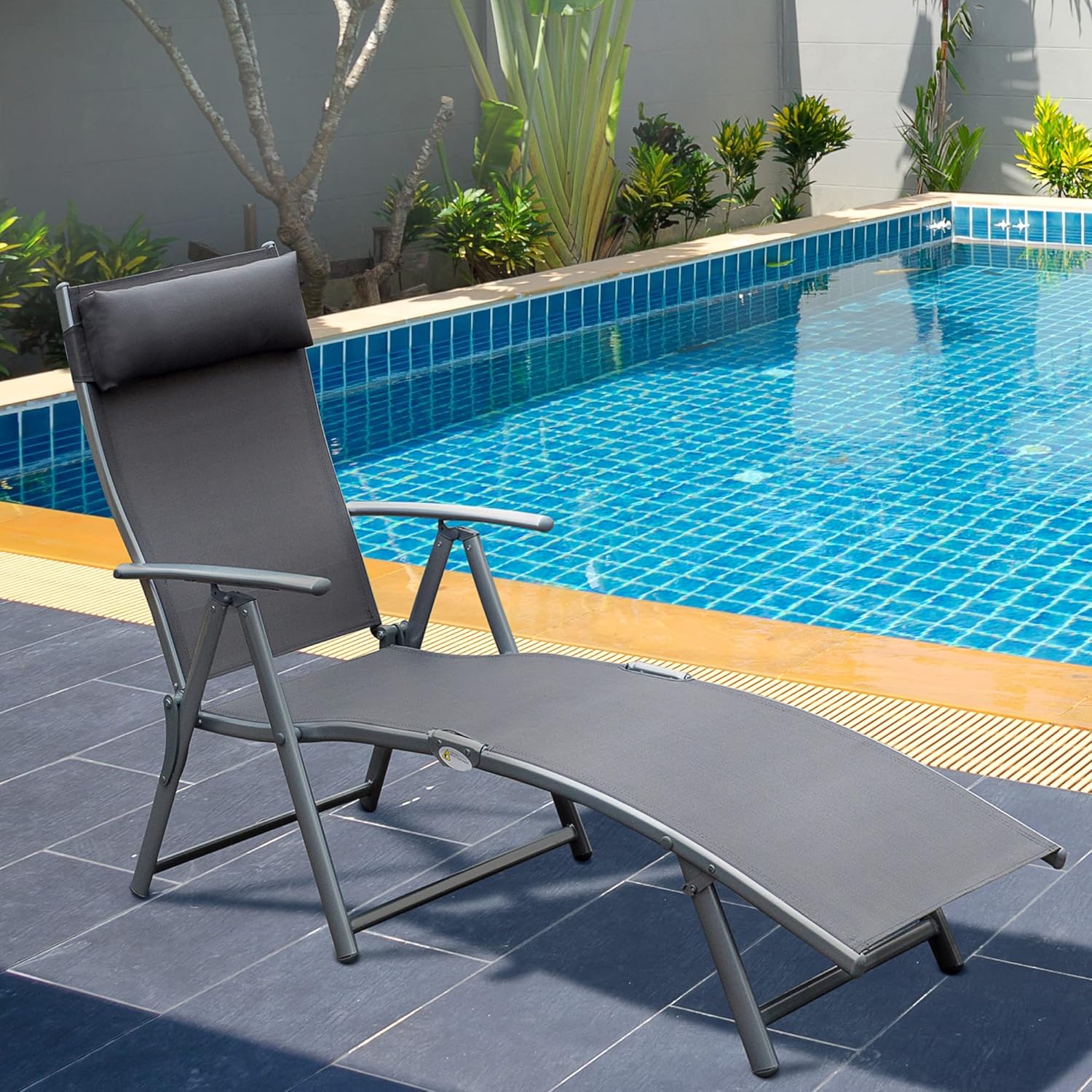 7 Level Folding Sun Lounger Recliner with Headrest Grey
