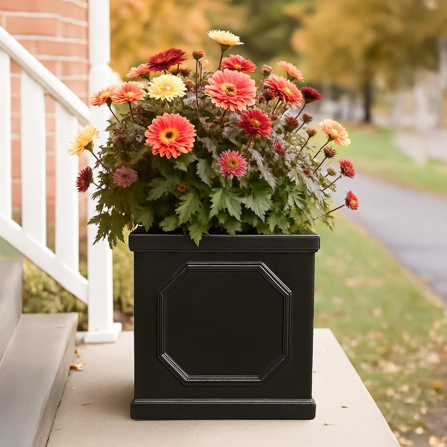 37cm Square Planter Faux Lead Dark Grey Garden Pot Drainage