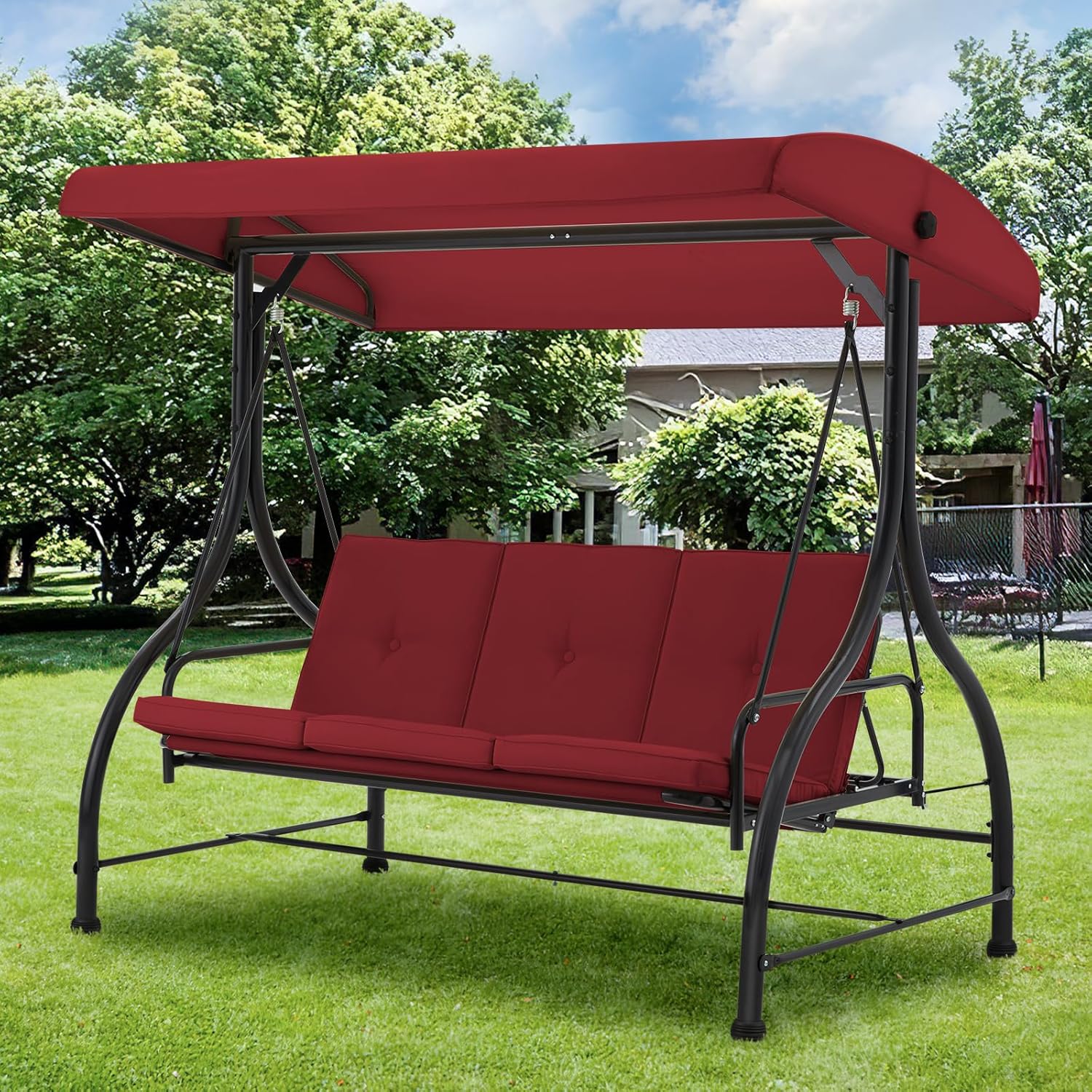 3 Seater Garden Swing Bed Red Canopy Cushion Steel