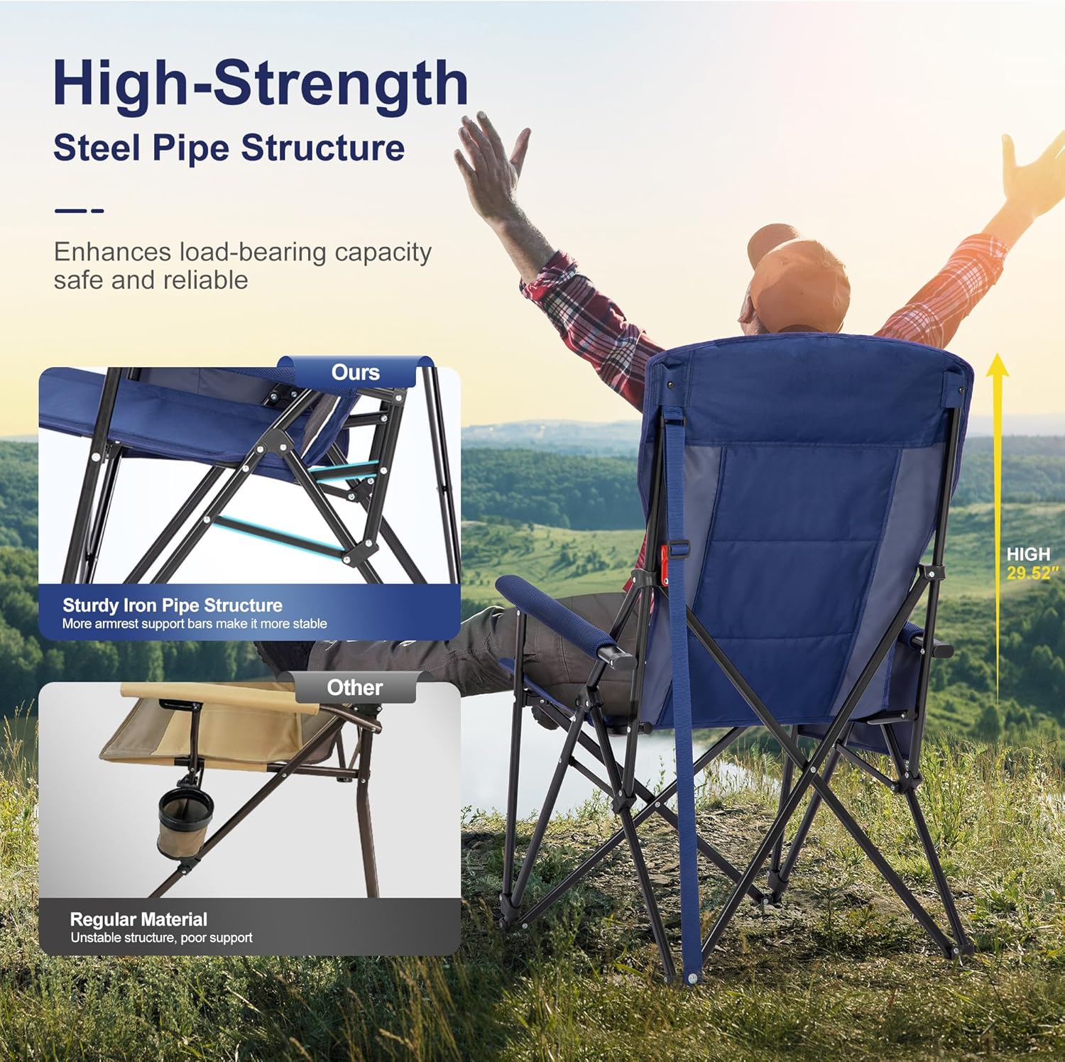Oversized Heavy Duty Camping Chair 500LB with Headrest Blue