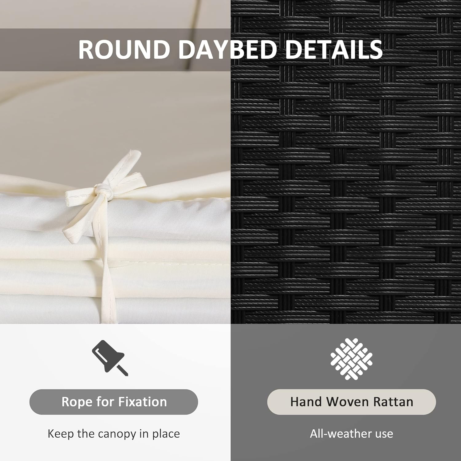 5 Piece Rattan Round Daybed Lounge Set Canopy Black