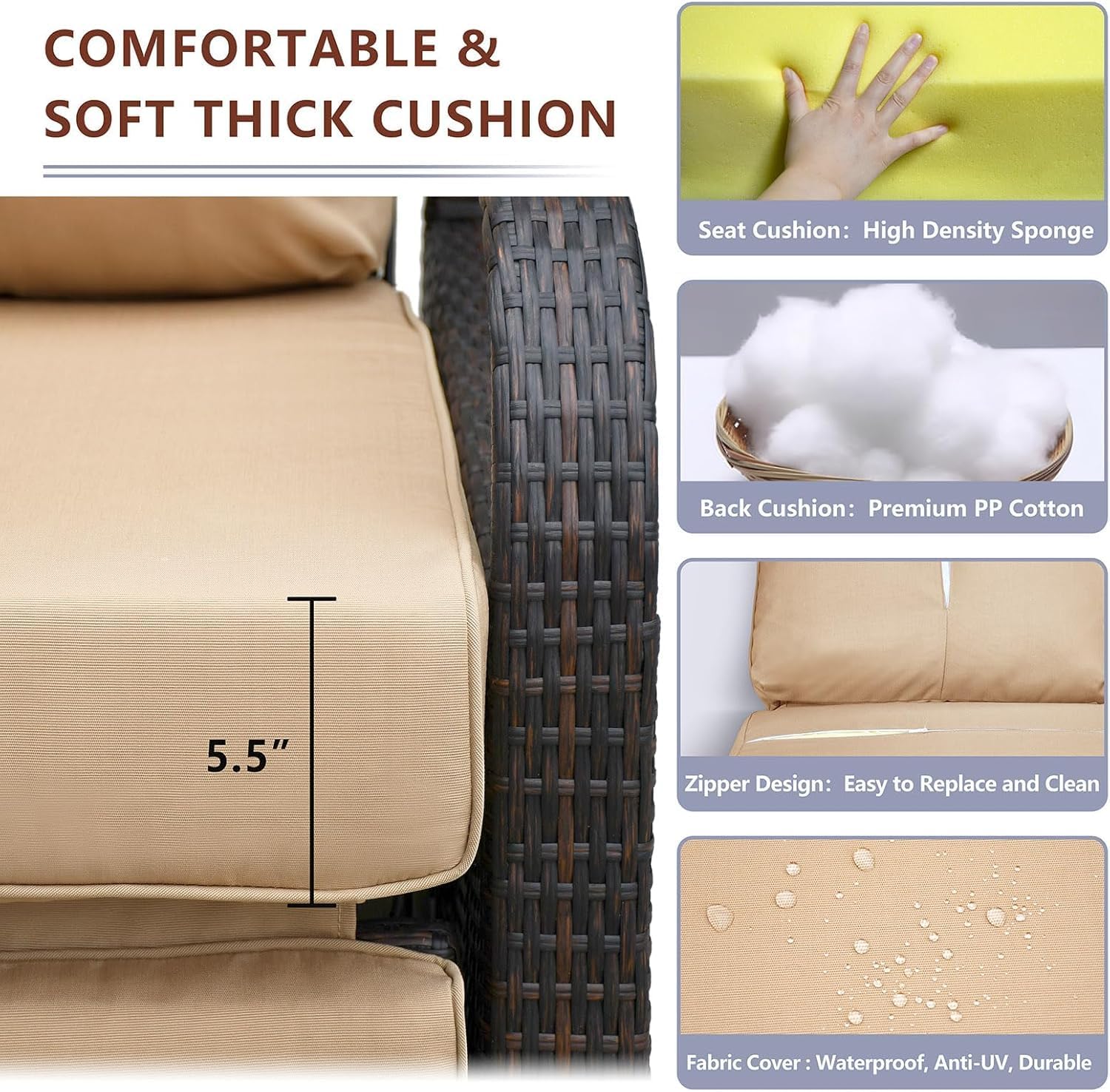 Wicker Garden Recliner Chair Khaki Cushion with Cover