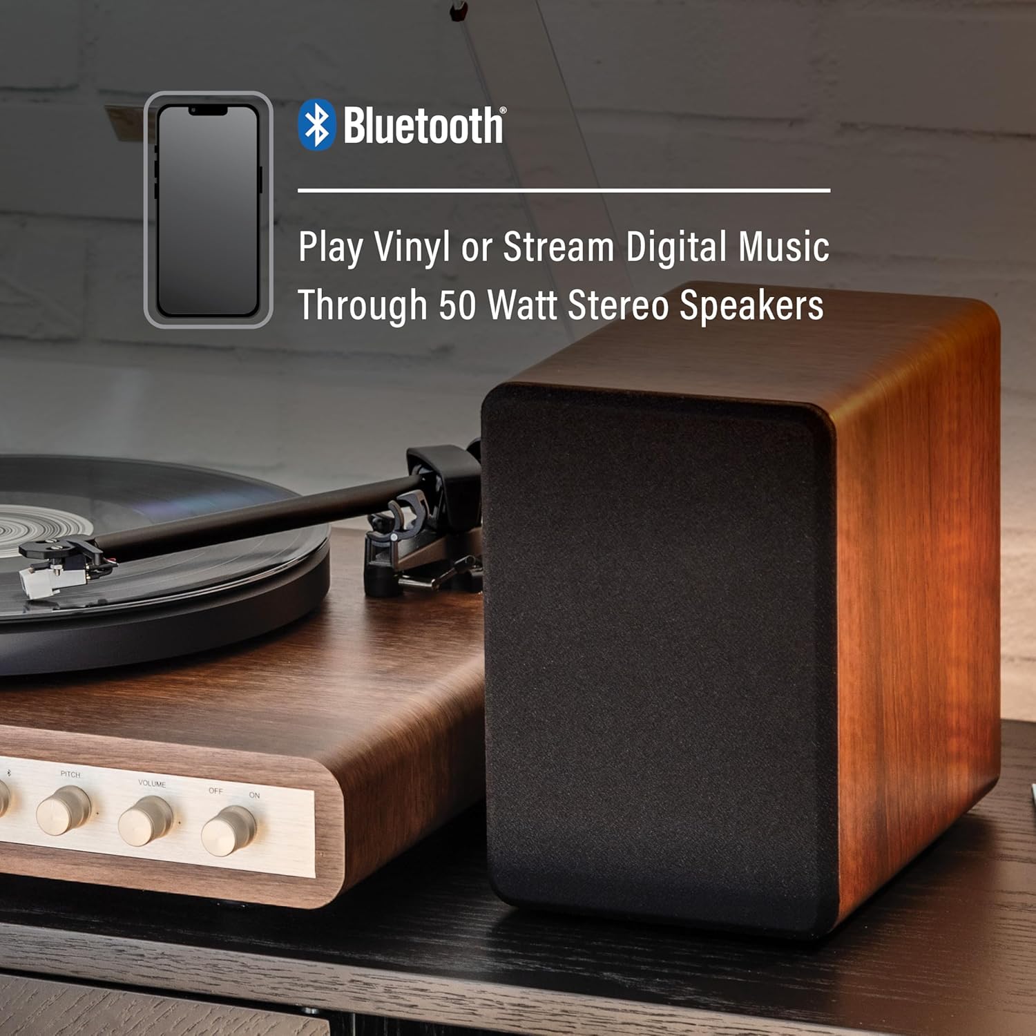 Bluetooth Vinyl Turntable with Speakers, 2-Speed Belt Drive & USB