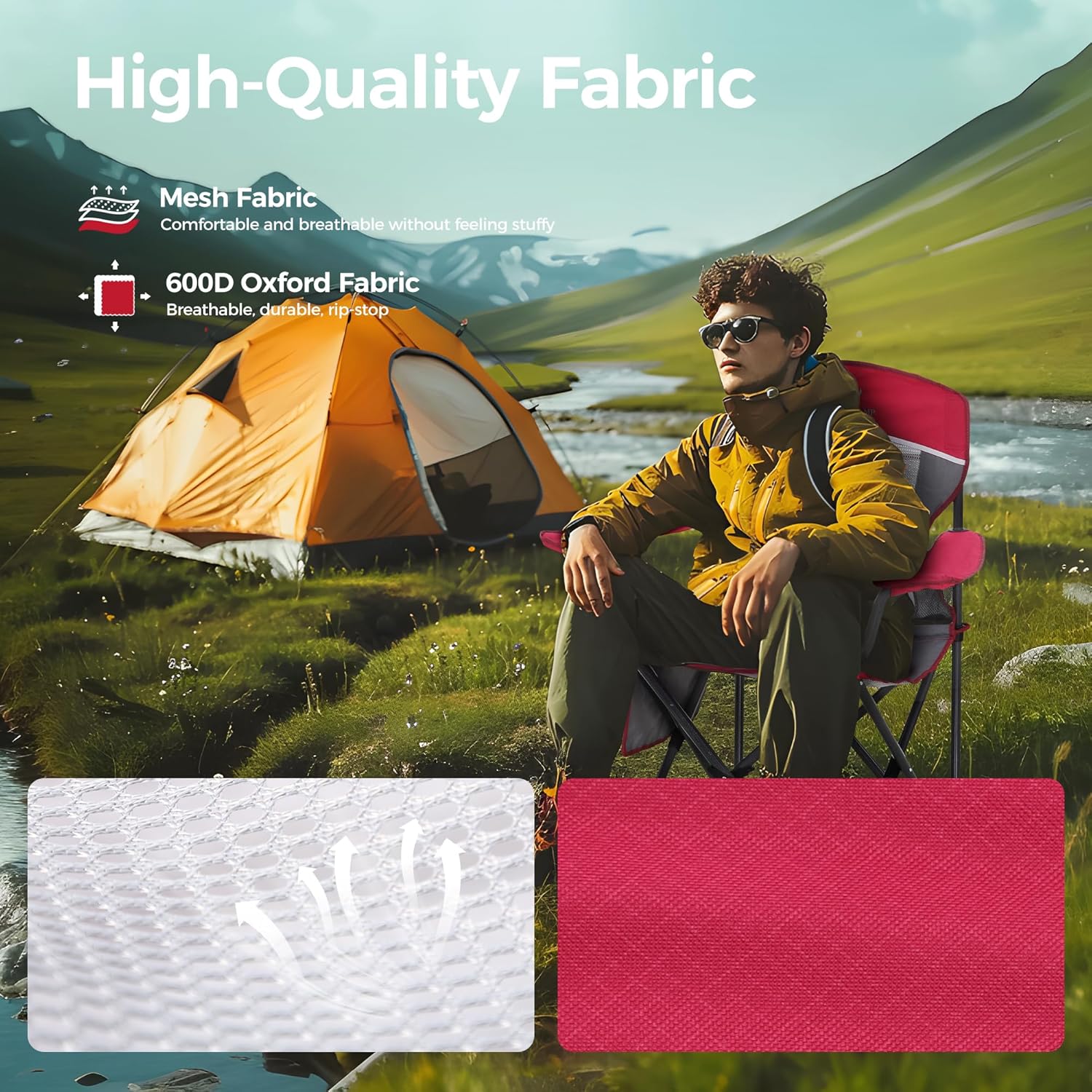 Oversized Camping Chair Mesh Back Folding Seat Red