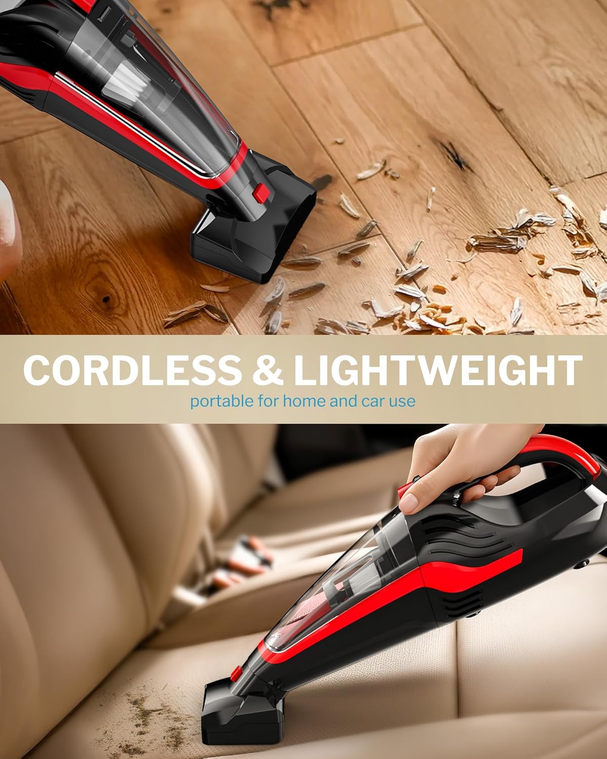 Cordless Pet Hair Handheld Vacuum HEPA Brush LED Light Red