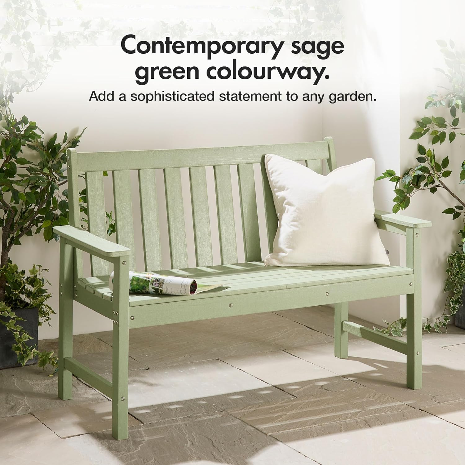 Sage Green Garden Bench 2 Seater HDPE Outdoor Patio Seat Slatted