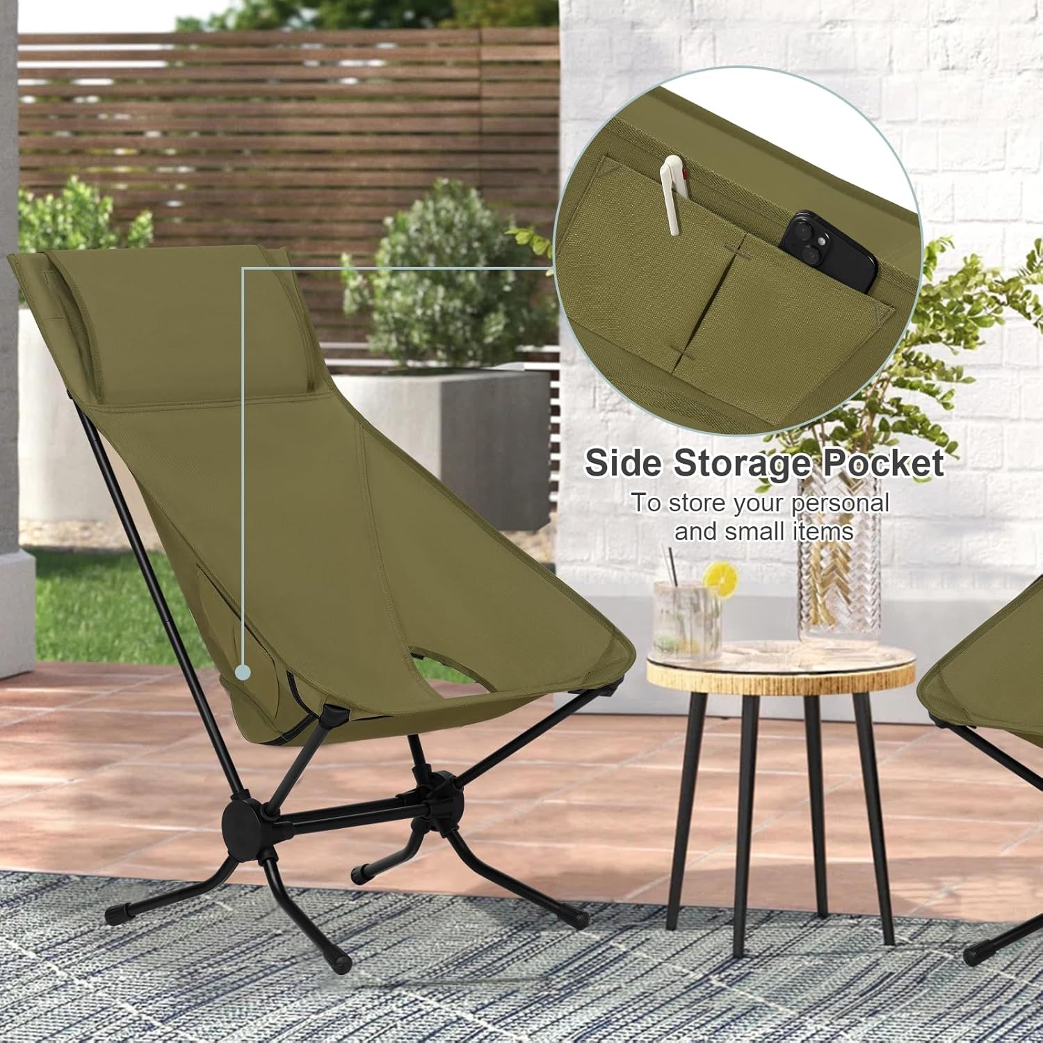 Set of 2 High Back Folding Camping Chairs Lightweight Green