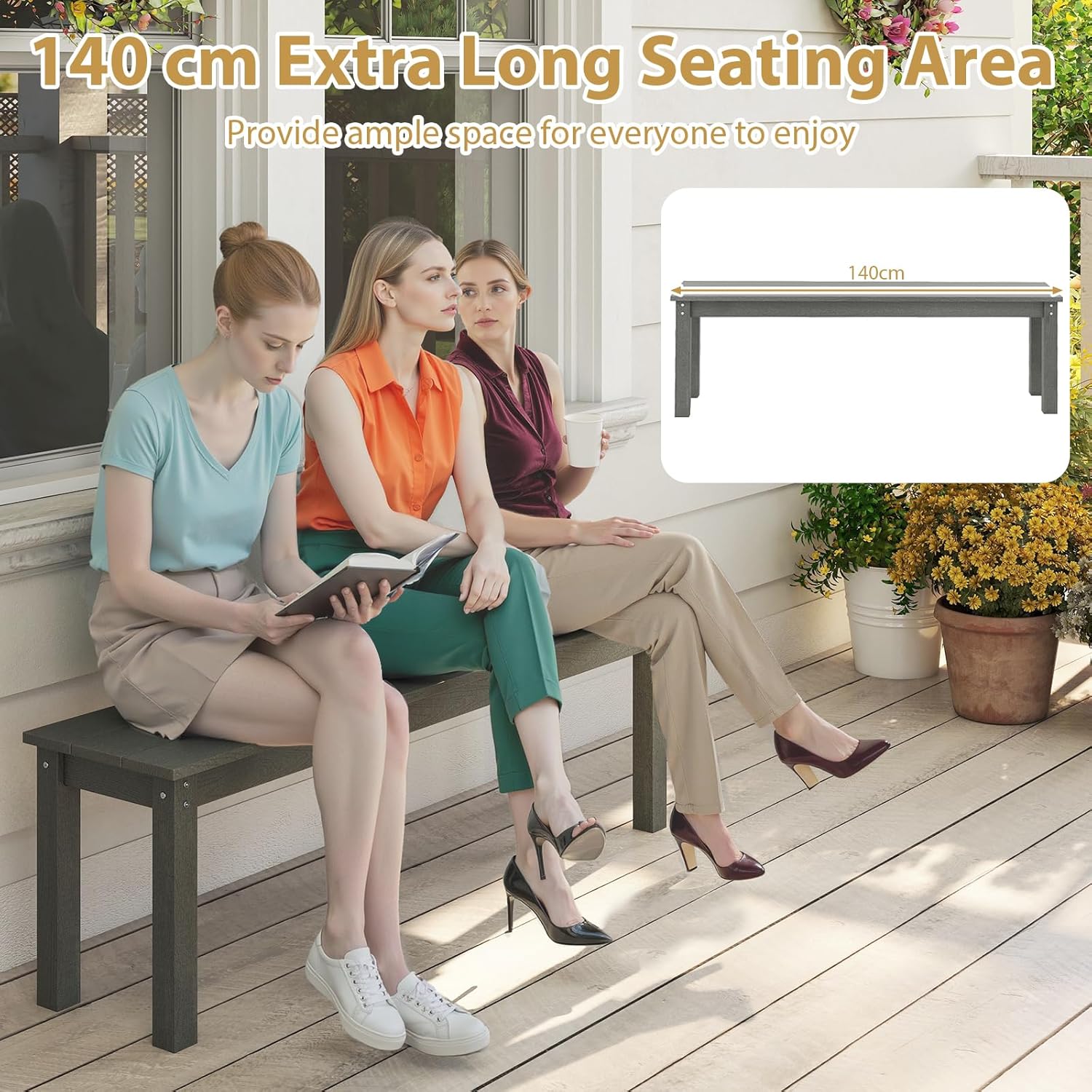 2-3 Seater Garden Bench 140cm HDPE Outdoor Patio Seat