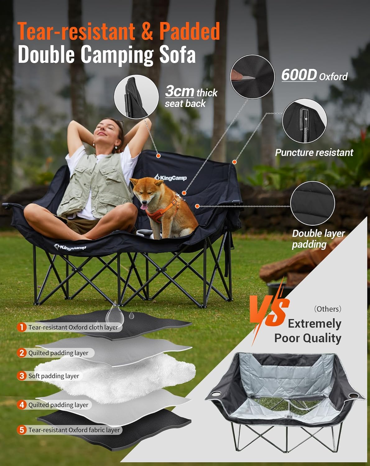 XL 2 Seater Camping Sofa Chair 300KG Black