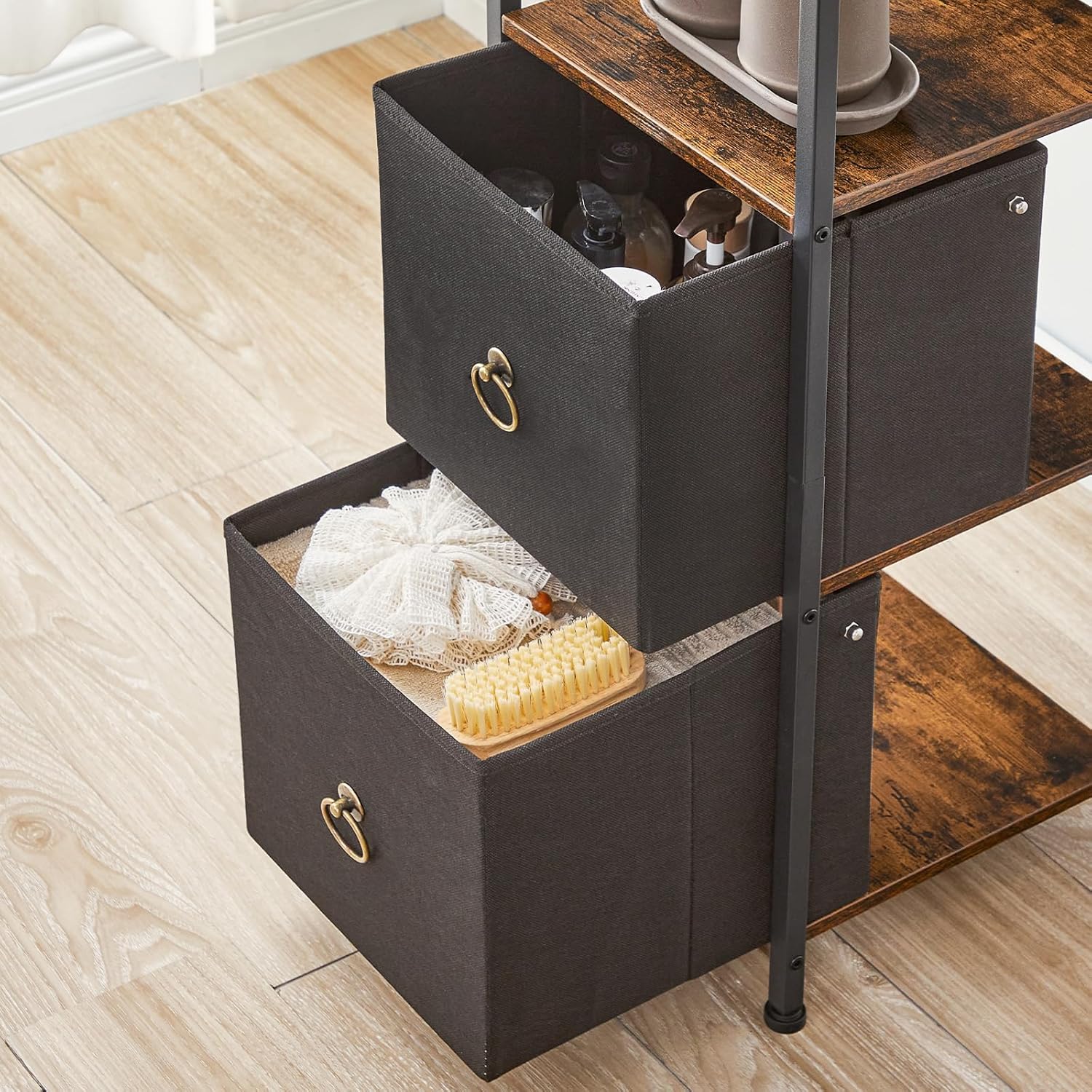 Tall Corner Storage Cabinet Rustic Brown Black Drawer Shelf