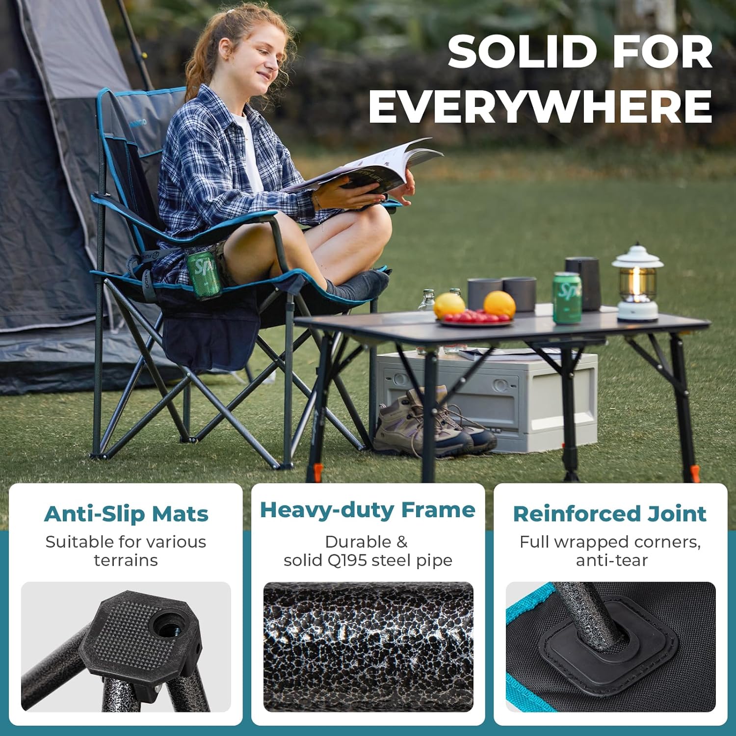 Oversized Camping Chair 550LB with Cooler Pocket Black Grey