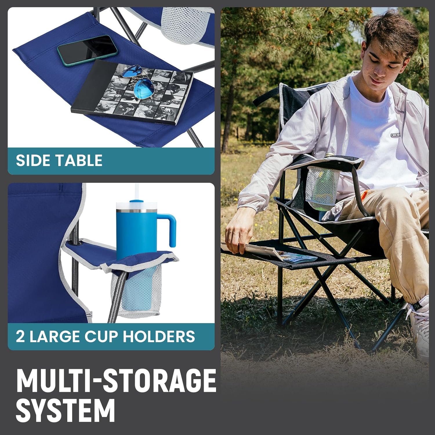 Oversized Padded Camping Chair with Side Table Blue