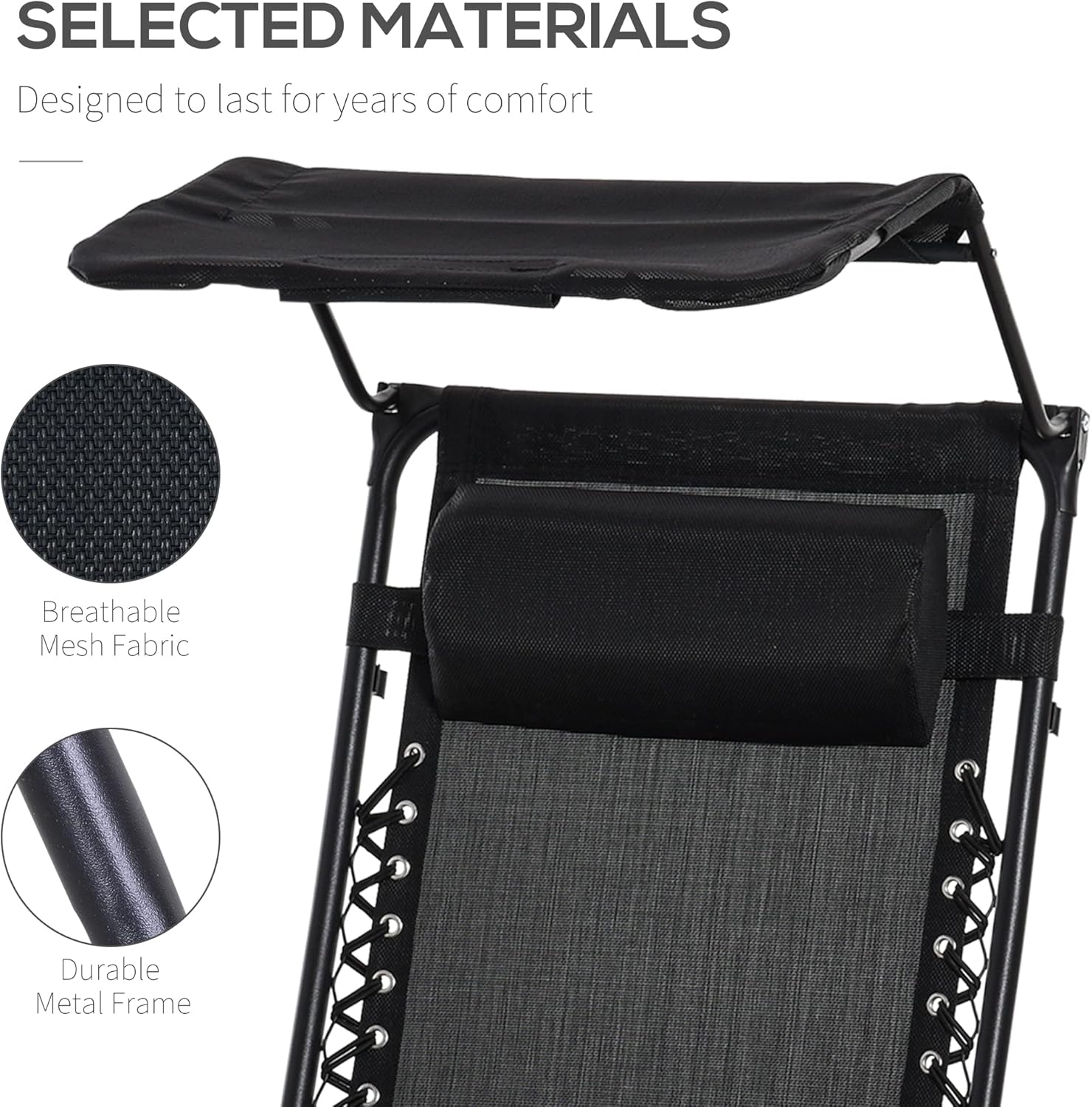 2 Zero Gravity Sun Lounger Chairs Foldable with Canopy Black