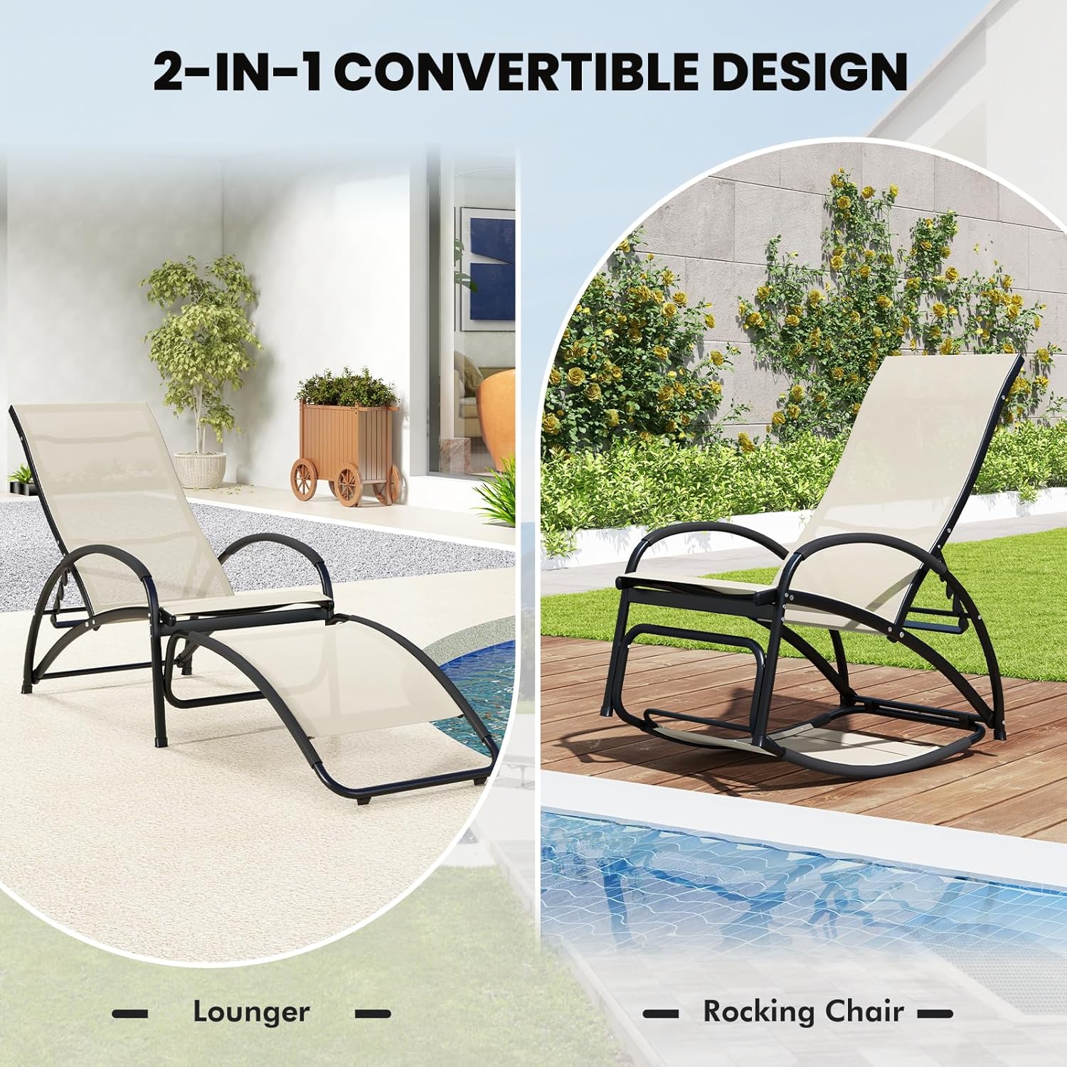 2 in 1 Garden Sun Lounger Rocking Chair Adjustable Beige