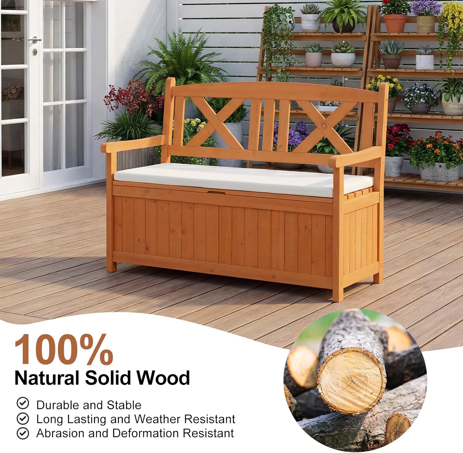 Wooden Garden Storage Bench 2 Seater Outdoor Patio Seat with Cushion