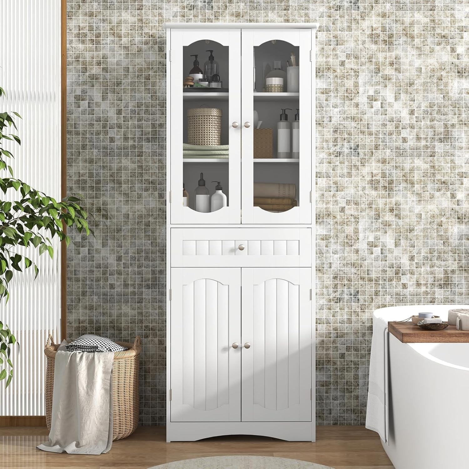 Tall Bathroom Cabinet Glass Door Drawer Shelf Unit White