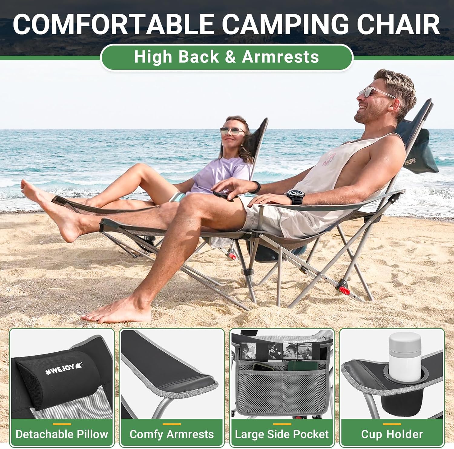 Set of 2 Reclining Camping Chairs with Footrest