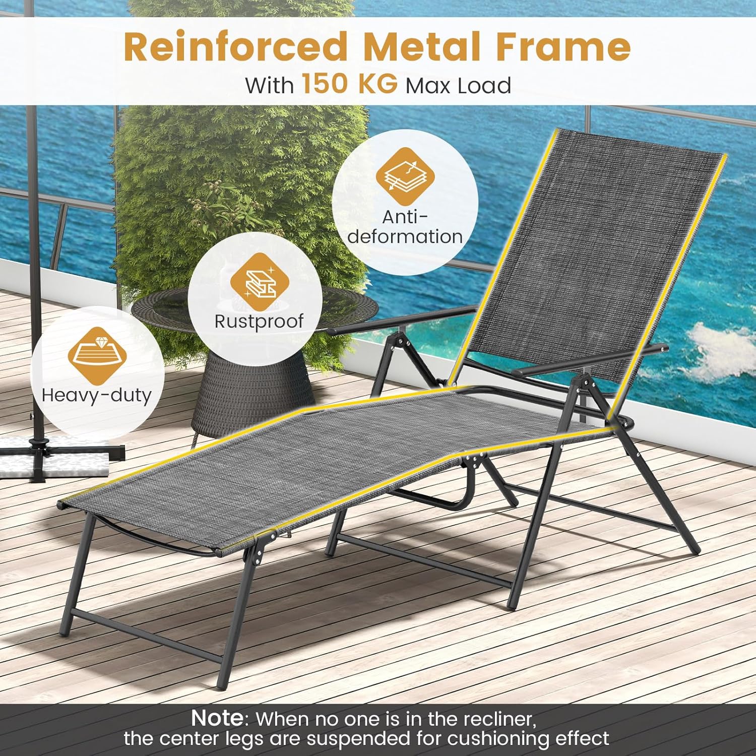 2 Folding Sun Loungers 6 Position Recliner Chairs Grey