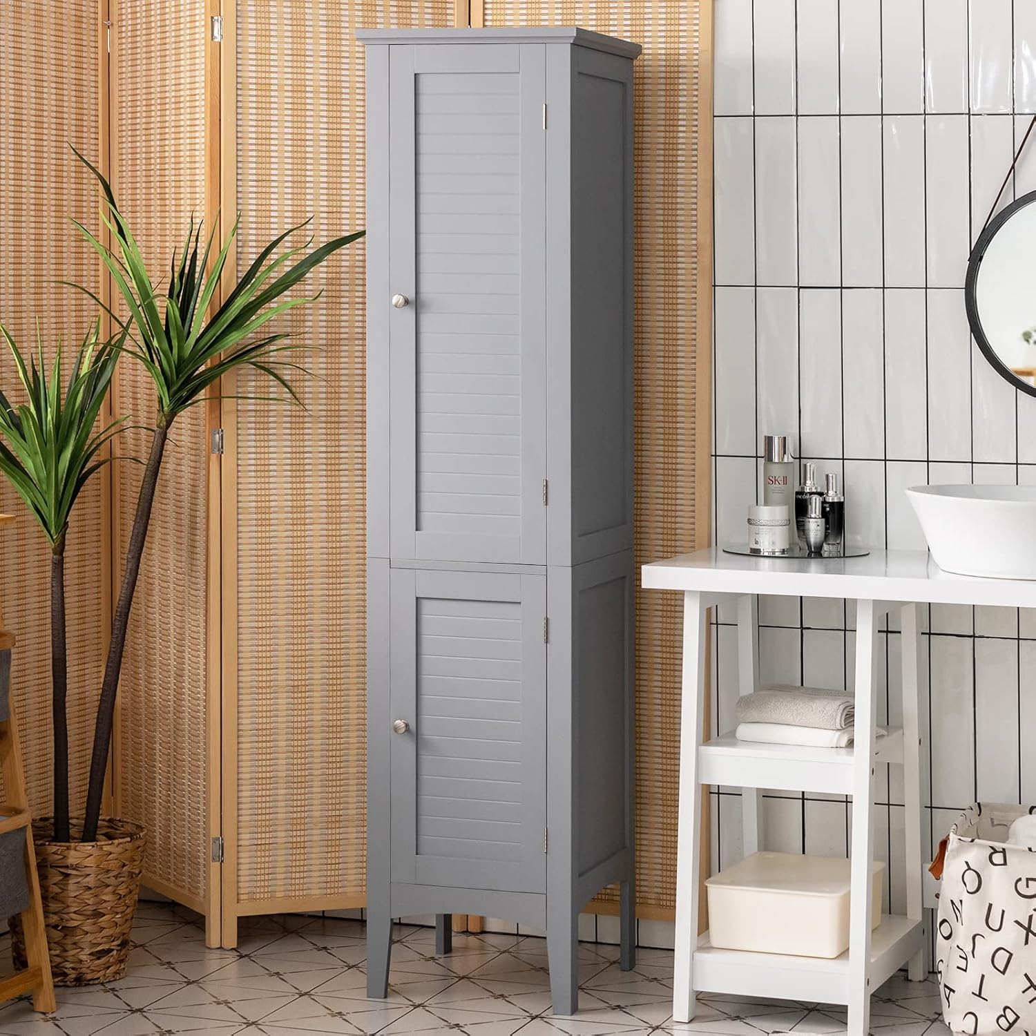 Slim Bathroom Tall Cabinet 2 Door 5 Tier Shelf Unit Grey