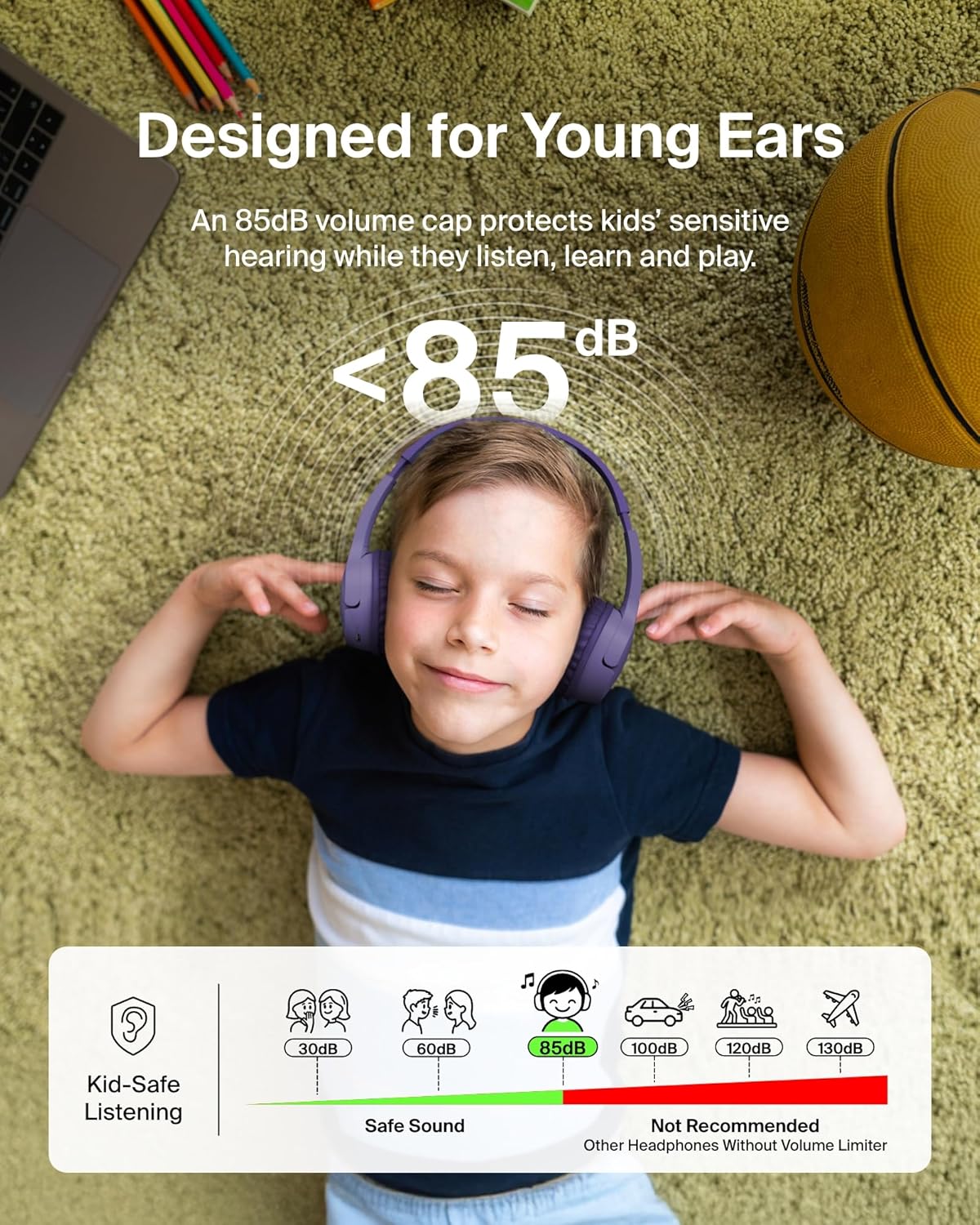 Kids Wireless Bluetooth Headphones Safe Volume 30 Hour Battery