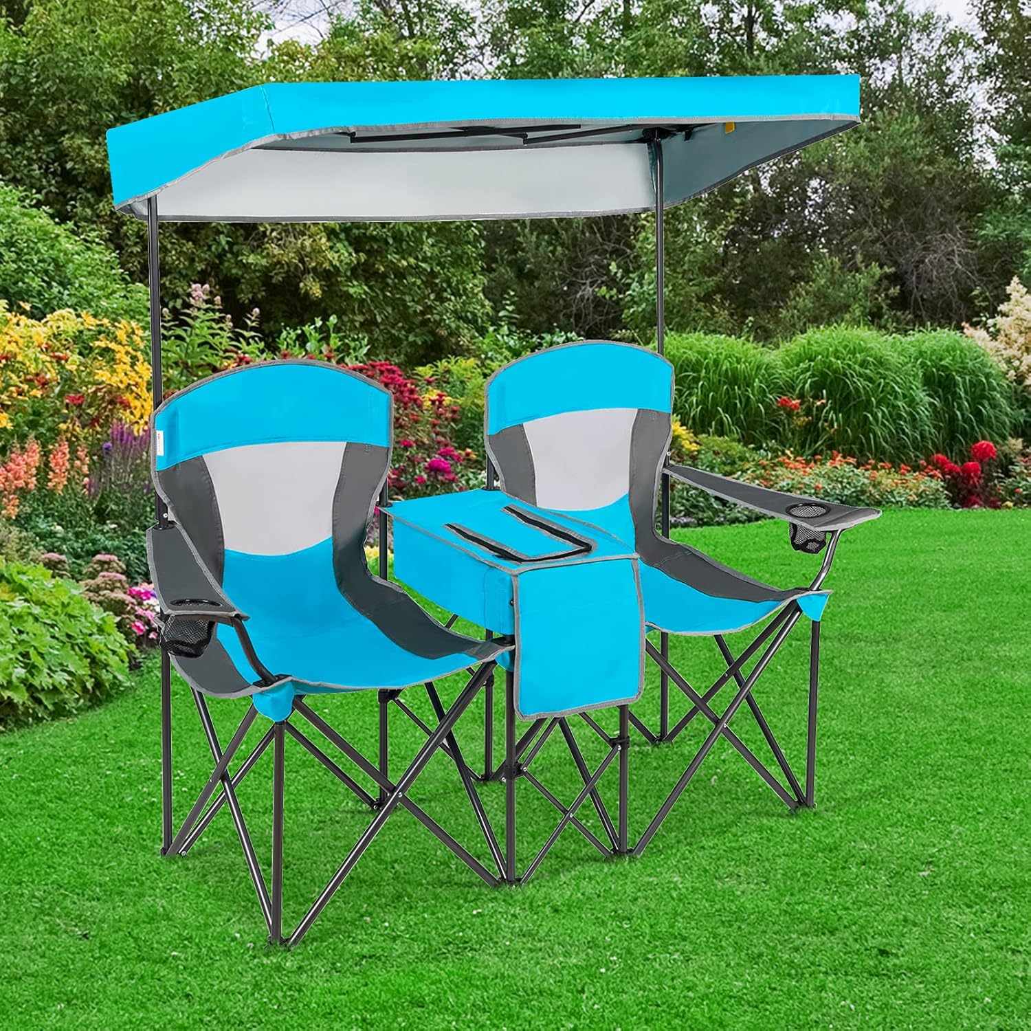 Double Camping Chair with Canopy 2 Seater Blue