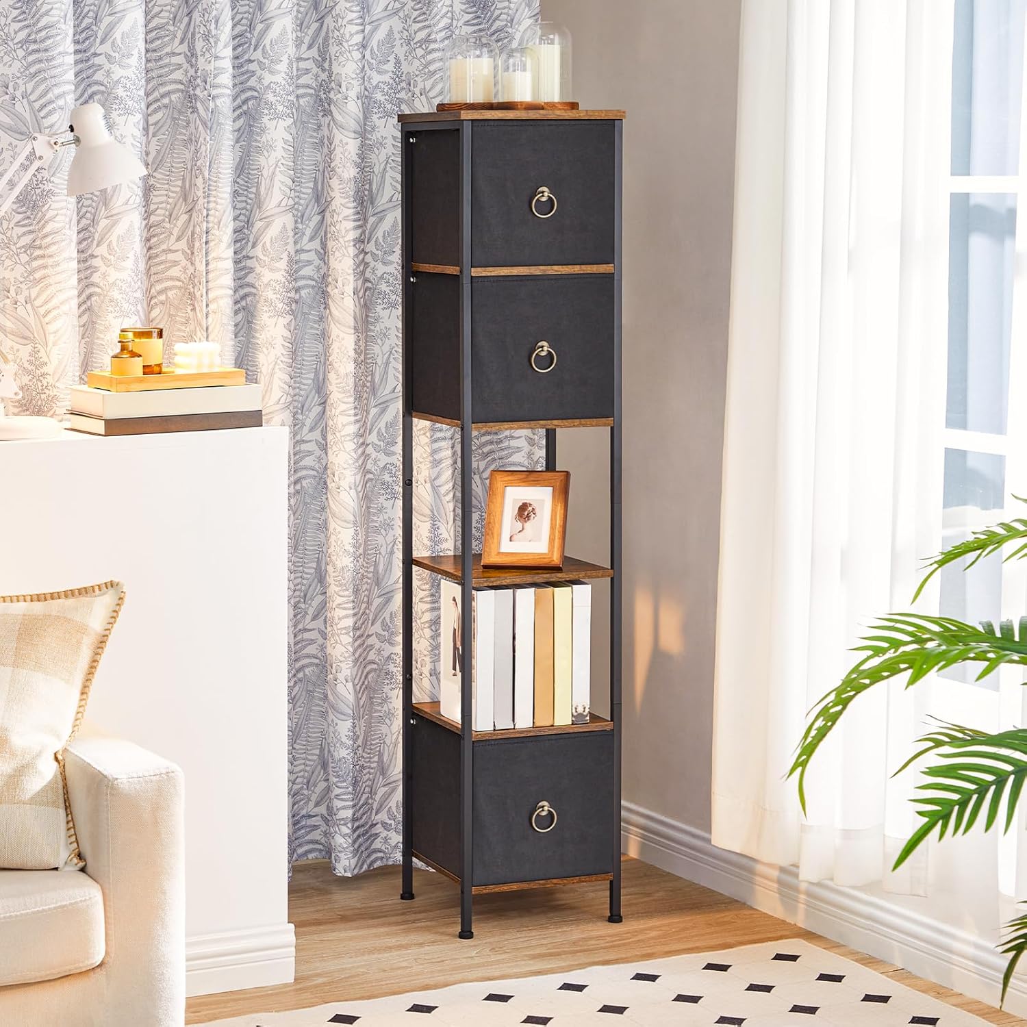 Tall Corner Storage Cabinet Rustic Brown Black Drawer Shelf