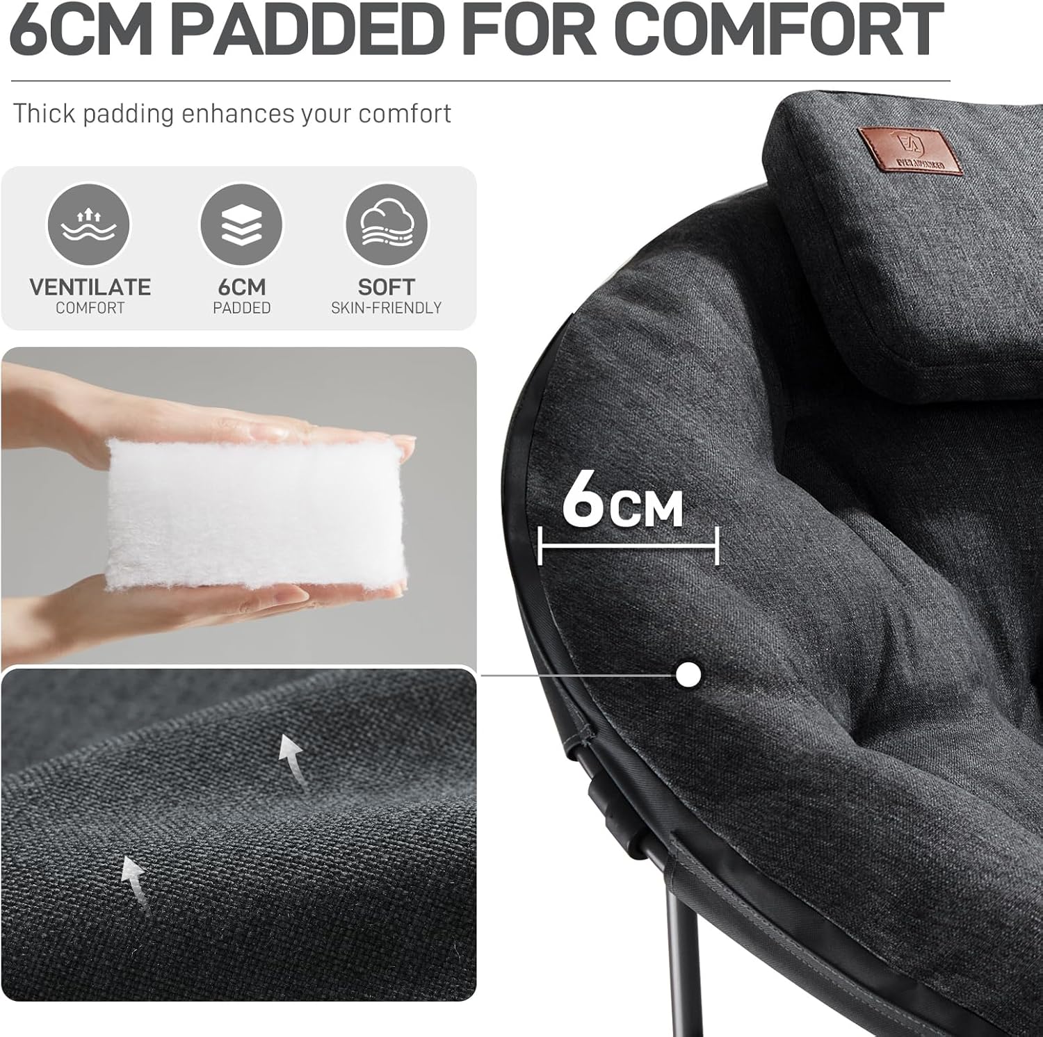 XL Moon Chair with 6CM Padding Wide Foldable Seat Black