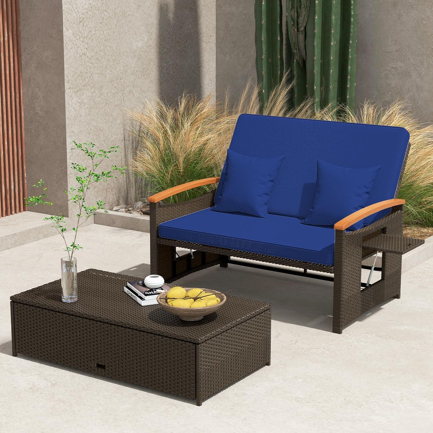 Patio Wicker Sun Lounger Daybed Adjustable Outdoor Sofa Navy