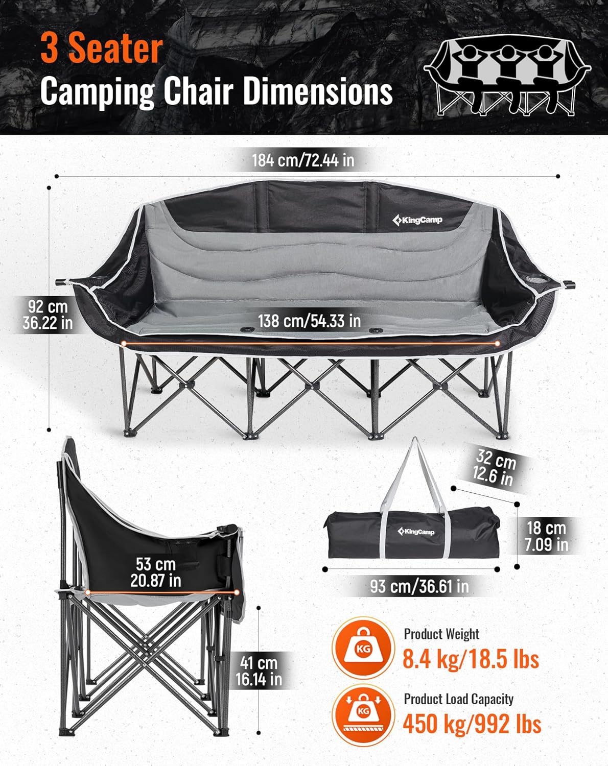 3 Seater Camping Sofa Chair 450KG Black Grey