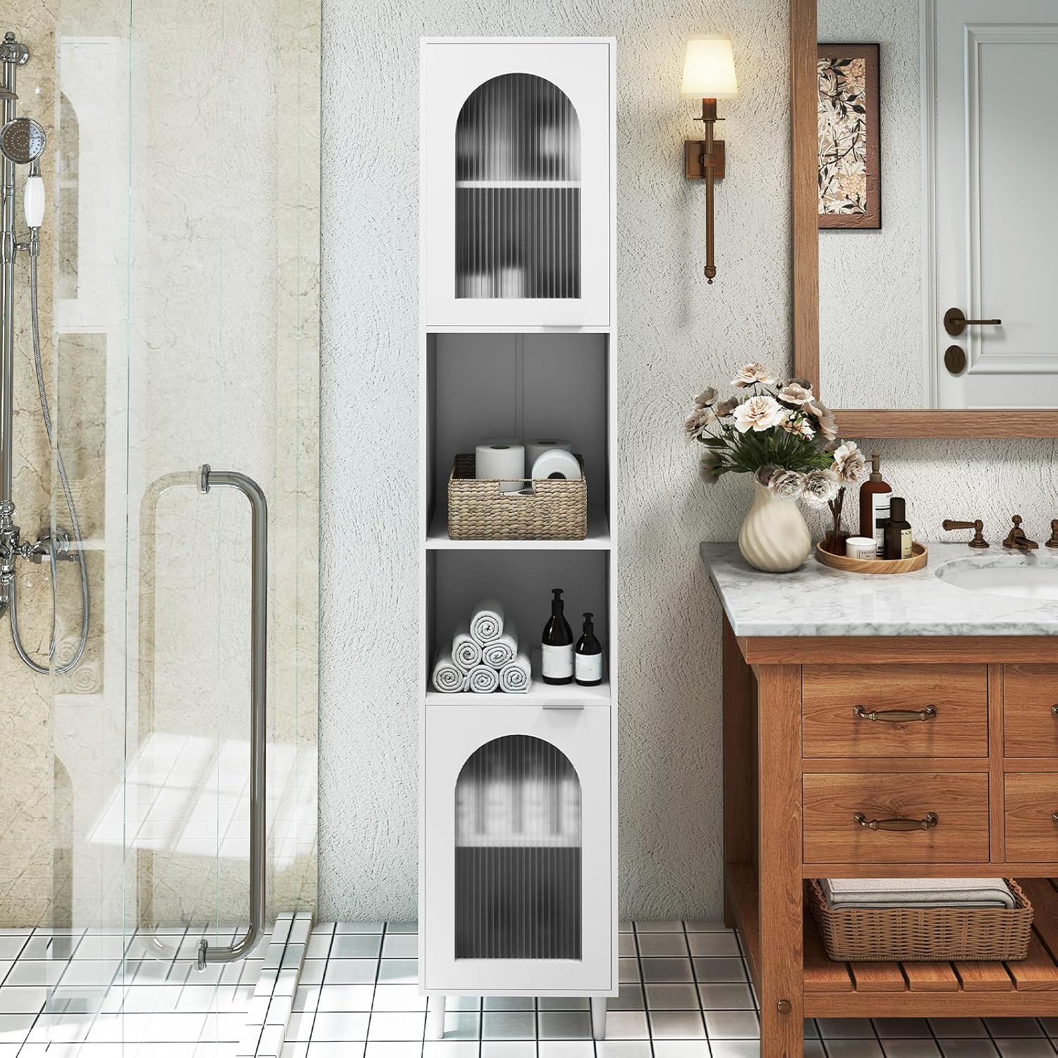 Tall Slim Storage Cabinet White Glass Door Shelves Unit